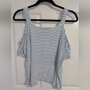 Blue and White Striped Ava Sky Open Shoulder Top Size Small
